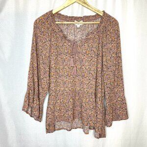 Boho Nature Cottage small floral Peplum Peasant Hippie Rose top, L Muted pink